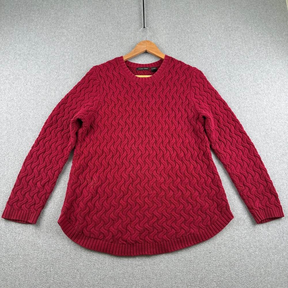 Jeanne Pierre Sweater Womens XL Red Cable Knit Cotton Pullover Crew Neck Long Sl